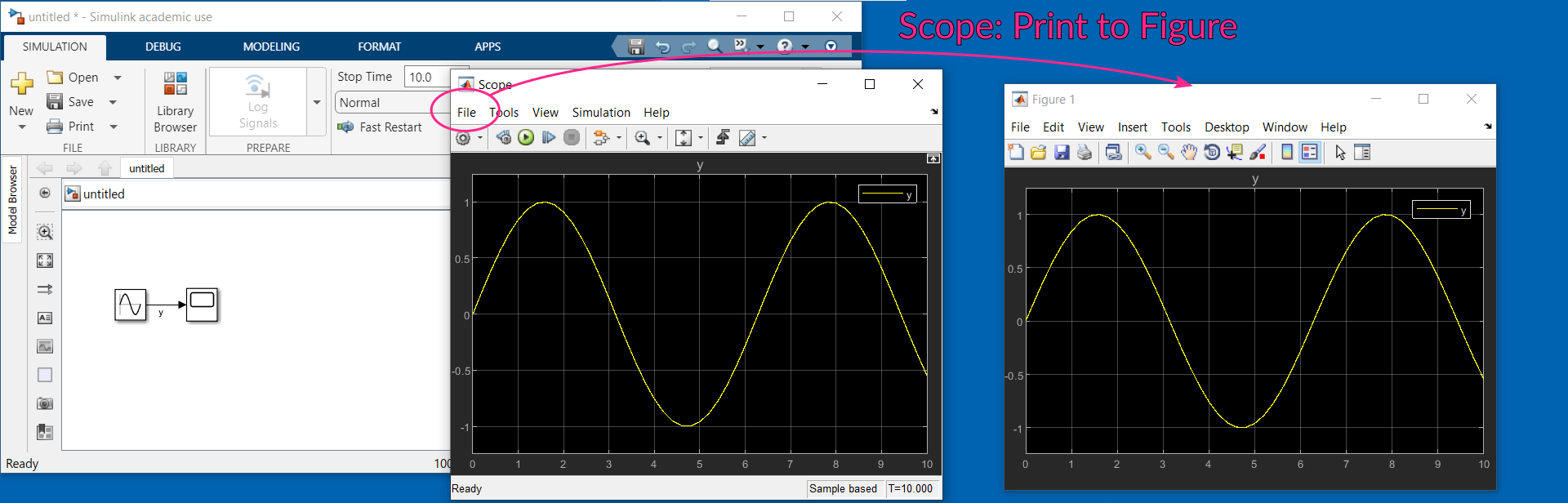 Export graphique de Scope Simulink avec à "Print to Figure..."